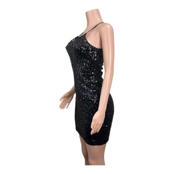 Black Sequin Mini Bodycon Dress With Adjustable Spaghetti Straps - Picture 12 of 13